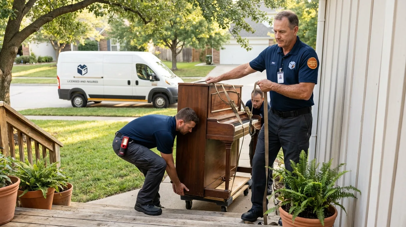 Licensed piano movers securing grand piano in Cambridge Springs, PA