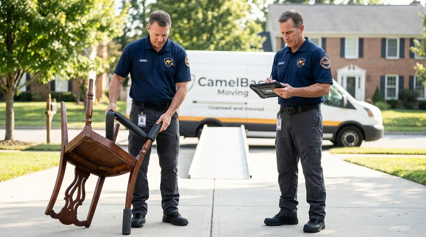 Movers inspecting furniture for damage prevention before loading in Cambridge Springs, PA