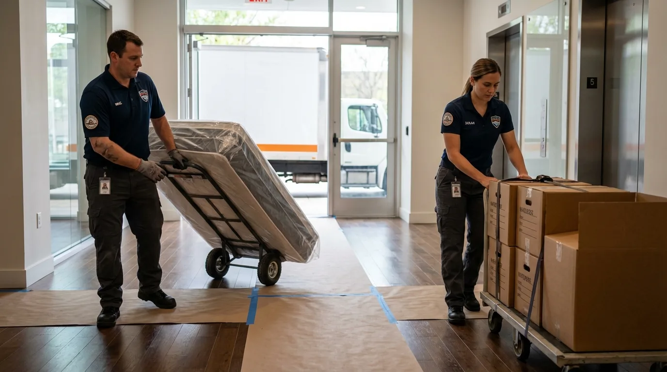 Professional apartment movers loading elevator in Cambridge Springs, PA