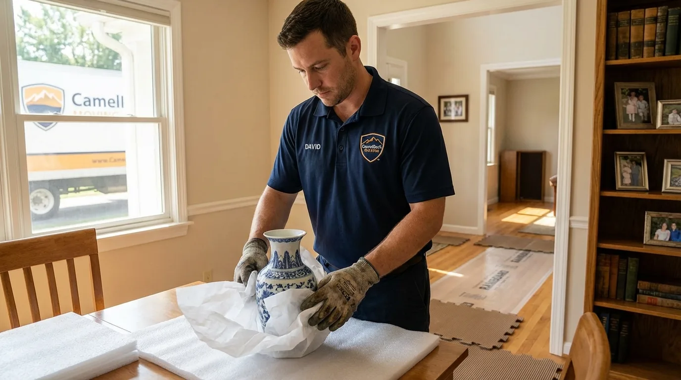 Professional crew carefully wrapping antique vase for senior downsizing move in Cambridge Springs, PA